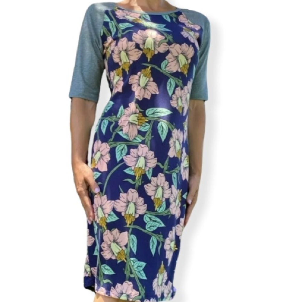 LULAROE Size Small JERSEY DRESS Lily Flower Floral Navy Blue - Picture 1 of 9